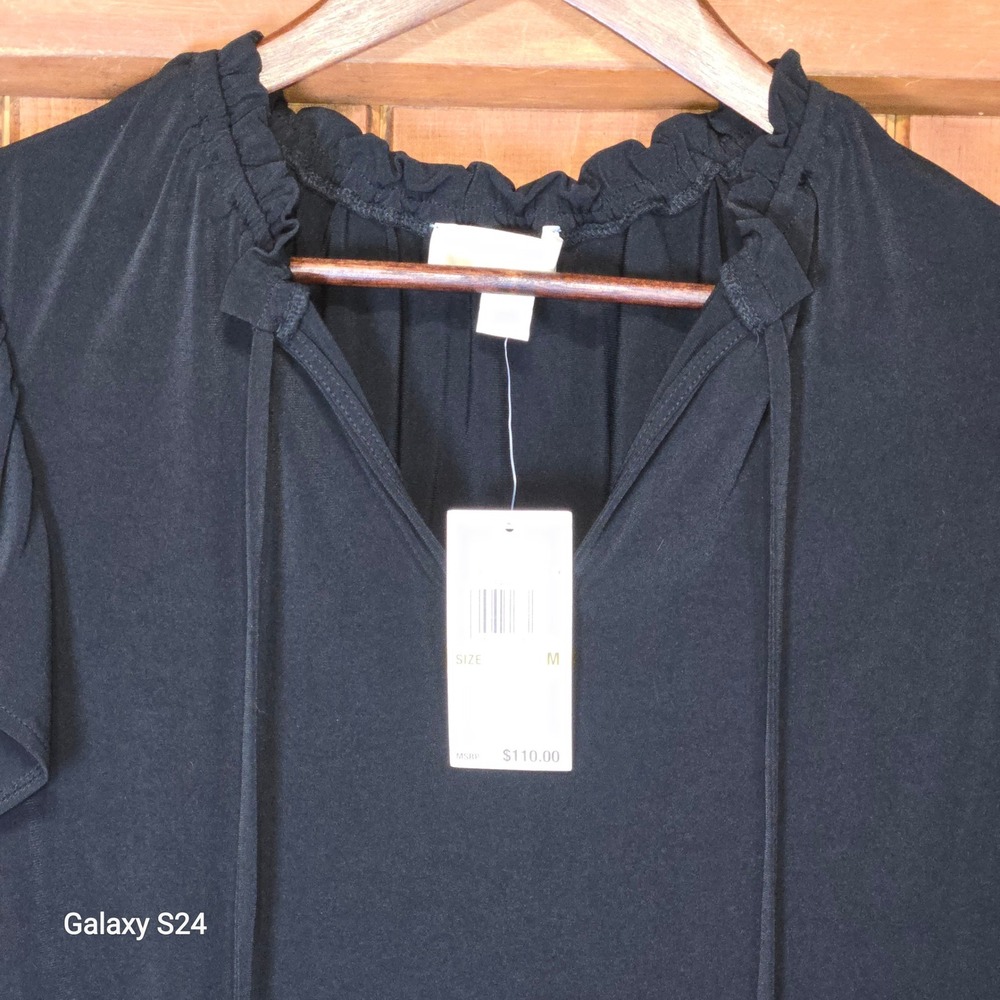 Michael Kors Black Flutter Sleeve Ruffle Tie Neck Shift Dress Size M NEW $110‎
